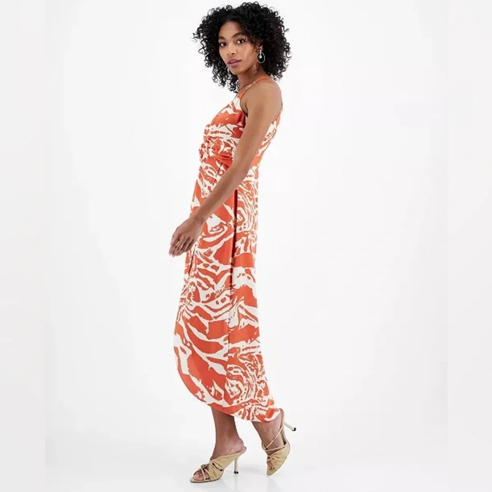 Bar III Printed Hammered-Satin Twist-Front Faux-Wrap Midi Dress Orange Cream‎ XL